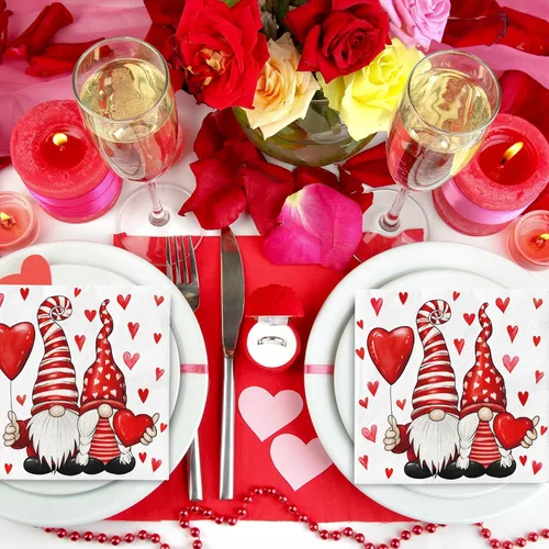 Miniatura 7 de Paquete de 80 servilletas de papel para el día de San Valentín, diseño de gnomo y corazón, servilletas decorativas, para almuerzo, cena, cumpleaños