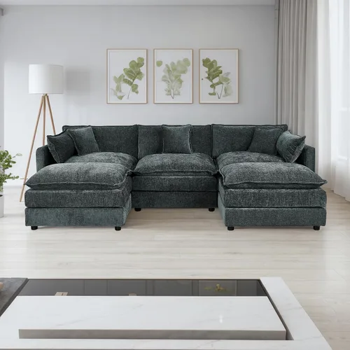 Miniatura 37 de Setawix Sofá Profundo de 3 Plazas con Otomana, Sofás de Nube en Forma de L de 112.2" para Sala de Estar, Sofá de Nube de Chenilla con Asiento Café