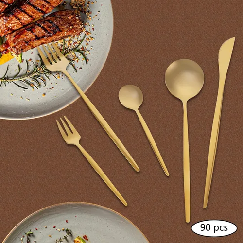 Miniatura 6 de Luxury Gold - Juego de 18 cubiertos de acero inoxidable, 90 piezas, apto para lavavajillas