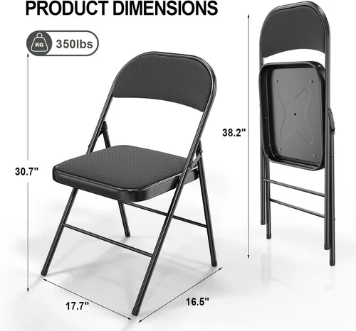 Miniatura 3 de VINGLI Paquete de 4 sillas plegables con asientos acolchados, marco de metal con asiento y respaldo de tela, capacidad de 350 libras, color negro