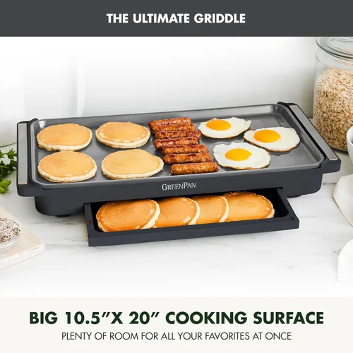 Miniatura 3 de GreenPan Plancha Eléctrica Avanzada de 10.5" x 20" con Cajón Calentador, Revestimiento Antiadherente de Cerámica Saludable Libre de PFAS, Control