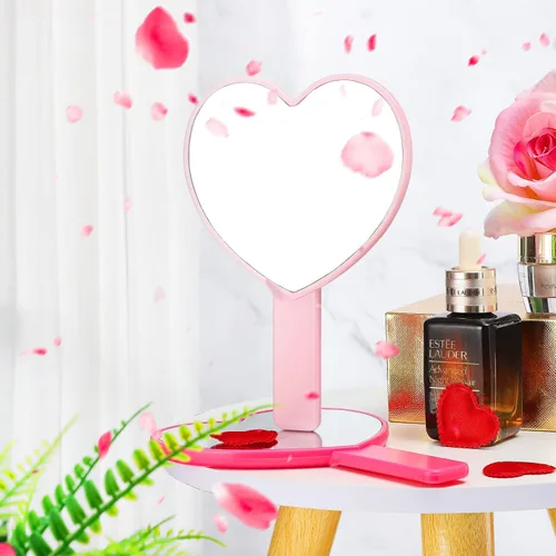 Miniatura 4 de Yalikop 3 piezas de espejo de corazón de mano, lindos espejos de plástico para maquillaje de viaje, con asa, regalos rosados para mujeres, regalos