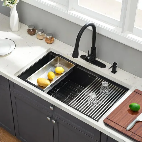 Miniatura 2 de Fregadero de cocina de montaje inferior, fregadero de cocina de acero inoxidable calibre 16, fregadero de cocina de 33 x 19 x 10 pulgadas