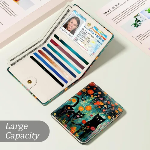 Miniatura 3 de Billetera de cuero genuino de lujo para mujer con bloqueo RFID, compacta, plegable, con ventana para identificación, Gato negro, Moderno