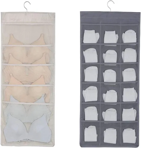 Miniatura 5 de Organizador de almacenamiento colgante para brasier y ropa interior, bolsillos de malla, estantes de pared de doble cara, bolsa ahorradora de Gris
