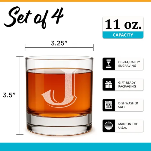 Miniatura 3 de On The Rox Drinks (J-Monogram) - Juego de 4 piezas de vasos rocks de base pesada grabados de 11 onzas - Vidrio elegante de calidad - Bebida