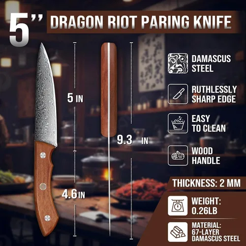 Miniatura 5 de DRAGON RIOT Cuchillo de pelar de Damasco de 5 pulgadas, cuchillo de fruta de acero de Damasco VG-10, cuchillo de pelar japonés con mango de madera