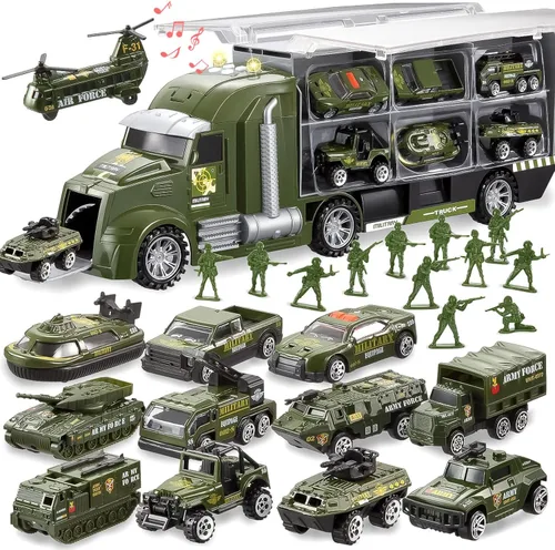 Miniatura 11 de JOYIN Juego de camiones de construcción 25 en 1 con 12 vehículos y 12 figuras de trabajadores, camiones de juguete Push and Go con sonido y luz