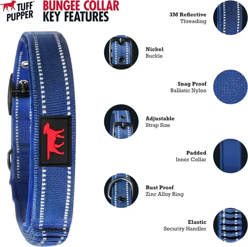 Miniatura 4 de Tuff Pupper Collar de perro resistente con asa Collar de nailon balístico resistente Collar de perro acolchado reflectante con hardware Azul