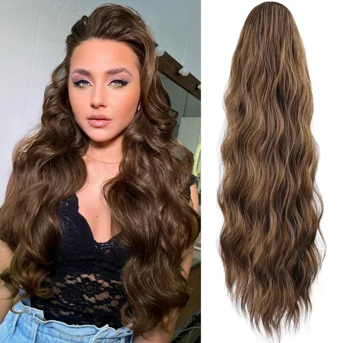 Miniatura 8 de FREEMEIGE Extensiones de cola de caballo largas onduladas con cordón para mujeres, extensiones de cabello con clip para cola de caballo, mezcla