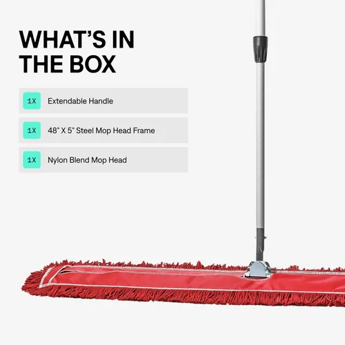Miniatura 2 de Trapeador de polvo comercial rojo de 48 pulgadas y barredora de piso con mango extensible, trapeador para limpieza de suelos de madera dura
