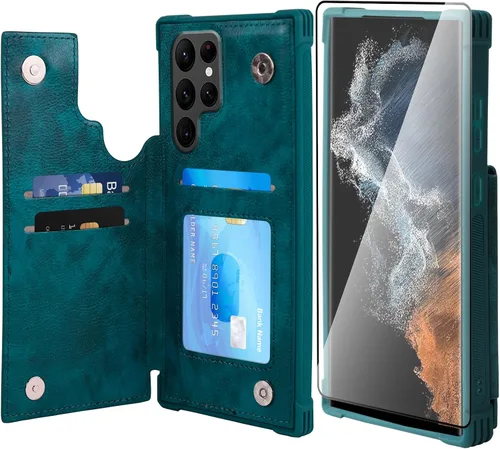 Miniatura 8 de VANAVAGY Funda tipo cartera compatible con Galaxy S22 con soporte para tarjetas de bloqueo RFID, piel sintética, cierre magnético, función atril