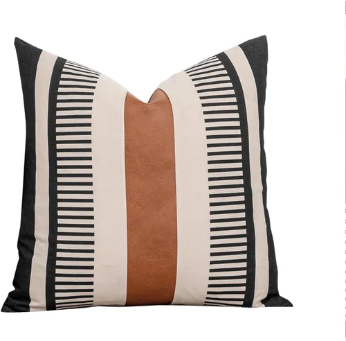 Miniatura 31 de Funda de almohada bohemia de color blanco y negro con piel, funda de cojín moderna de 22 x 22 pulgadas, funda de almohada de rayas estilo campestre