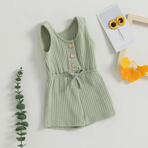 Miniatura 2 de TheFound Mameluco de verano para niña pequeña, ropa acanalada, overol con botones, 0-5T