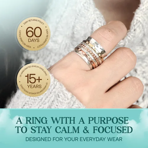 Miniatura 7 de Boho-Magic Anillo giratorio de plata de ley 925 para mujer con bandas de cobre y latón, anillo de plata hecho a mano para uso diario, comodidad