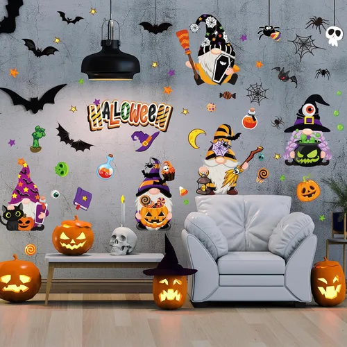 Miniatura 6 de Whaline Decoración de pared de gnomo de Halloween, gnomo, murciélago, araña, calabaza, calcomanías de pared, lindas calcomanías de arte extraíbles