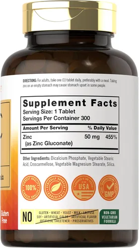Miniatura 2 de Carlyle Zinc 50mg 300 tabletas Suplemento vegetariano, sin OMG y sin gluten Gluconato de zinc Fórmula de alta potencia