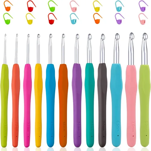 Miniatura 9 de Vodiye Juego de 23 ganchos de ganchillo, mango ergonómico para manos artríticas, agujas de ganchillo cómodas y suaves, agujas de tejer extralargas