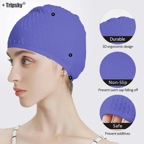 Miniatura 2 de Tripsky Gorro de natación de silicona, gorro de baño cómodo ideal para cabello rizado corto, mediano y largo, gorro de natación para mujeres y Very
