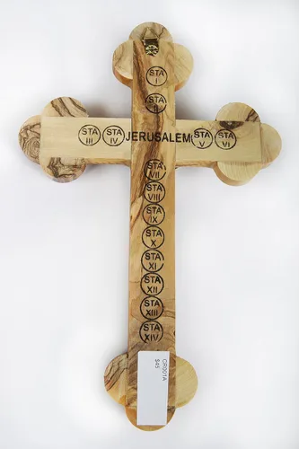 Miniatura 3 de Crucifijo de madera de olivo adornado con hojas de olivo, incienso, flores y piedras de Jerusalén hecha a mano por artesanos en Belén