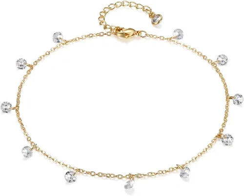 LOYATA - Tobillera delicada bañada en oro de 14 quilates para mujeres, con pequeña cruz de circonia cúbica blanca y borlas bonita joyería para