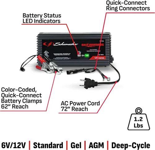 Miniatura 7 de Schumacher Electric 1.5A Cargador y Mantenedor de Batería para Auto, Solución 3-en-1, para Baterías de 6V/12V de Deportes Acuáticos, Automotrices