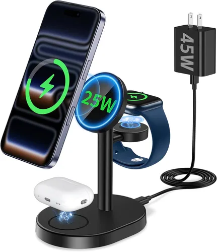 Hevanto 25W 3 in 1 Super Fast Charging Station for Apple MagSafe Charger, Wireless Magnetic Mag-Safe Charger Stand for iPhone 17 16 15 14 13 12