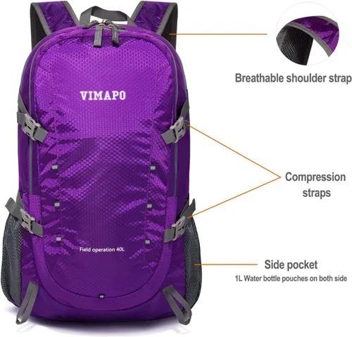 Miniatura 3 de Mochila ligera plegable de 40 litros, mochila de viaje plegable de nailon Ripstop, mochila de senderismo plegable para exteriores (morado)