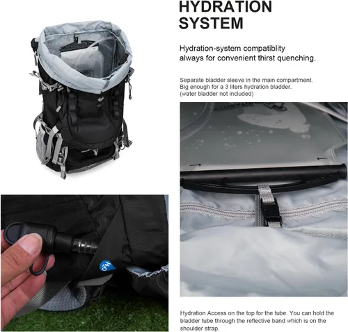 Miniatura 4 de MOUNTAINTOP Mochila de marco interno de 80L para hombre y mujer Mochila de senderismo con cubierta de lluvia Negro-80L