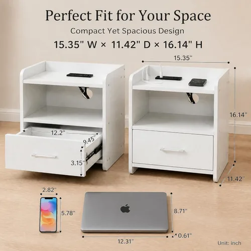 Miniatura 2 de Karl home Nightstands Set of 2 with Drawer for Bedroom, Wood Night Stand with 2 Open Shelf, Modern Bedside Table with 2 USB Charging Station, End
