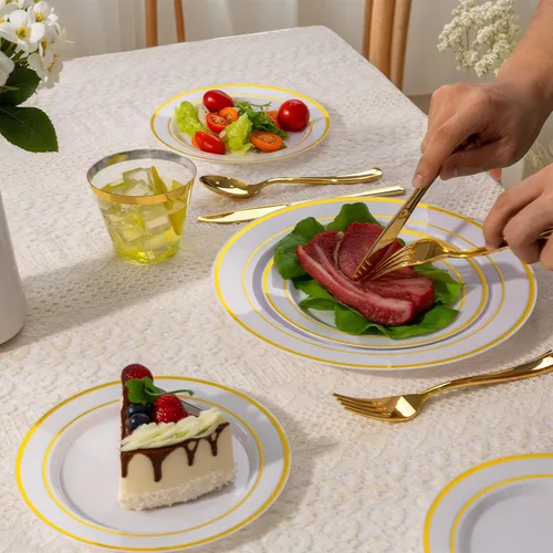Miniatura 3 de Juego de vajilla desechable dorada de 150 piezas para 25 invitados, platos de plástico dorado y blanco para fiestas, 25 platos de cena y ensalada