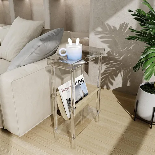 Miniatura 2 de Mesa auxiliar estrecha de acrílico Eglaf para espacios pequeños, mesa auxiliar delgada Skinny Side Table with Magazine Holder, Small Bedside Table