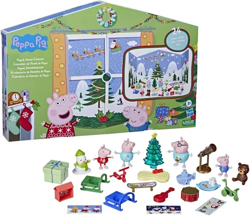Peppa Pig Peppa's - Calendario de Adviento para niños, contiene 24 juguetes sorpresa, 4 figuras familiares de Peppa Pig navideños; a partir de 3 años