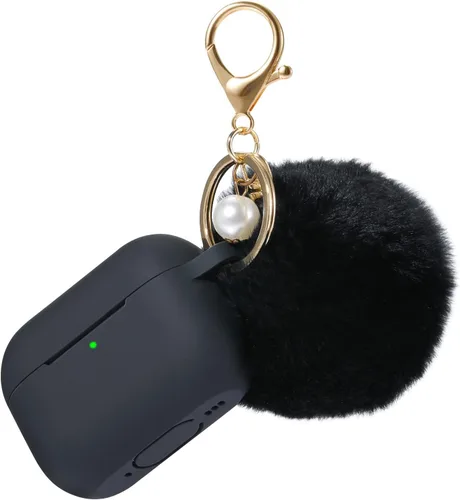 Funda para Airpods Pro 2ª generación 2022, funda protectora de silicona suave con llavero y bonito kit de bola de pompón frontal LED visible (negro)