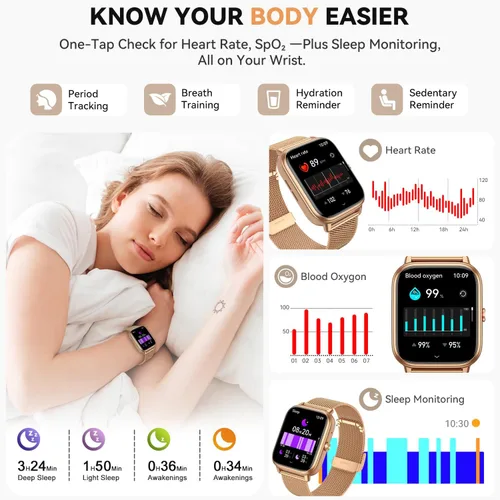 Miniatura 5 de Reloj inteligente para mujeres y hombres, batería de 1000 mAh, contador de actividades, compatible con Android iPhone iOS, 3 correas, dorado