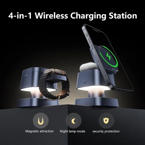 Miniatura 2 de 【Actualizado 2026】Cargador inalámbrico 4 en 1, estación de carga inalámbrica 3 en 1 con luz nocturna para cargador MagSafe, soporte de viaje Gris
