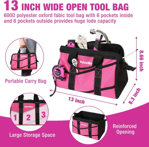 Miniatura 7 de ValueMax Kit de herramientas rosa, juego de herramientas de reparación del hogar de 218 piezas, kit de herramientas para el hogar con bolsa