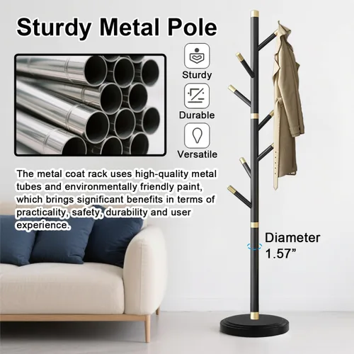Miniatura 4 de Perchero de metal con base pesada, percheros de poste grueso resistente con 7 ganchos de ABS, perchero moderno y estable para chaquetas, ropa