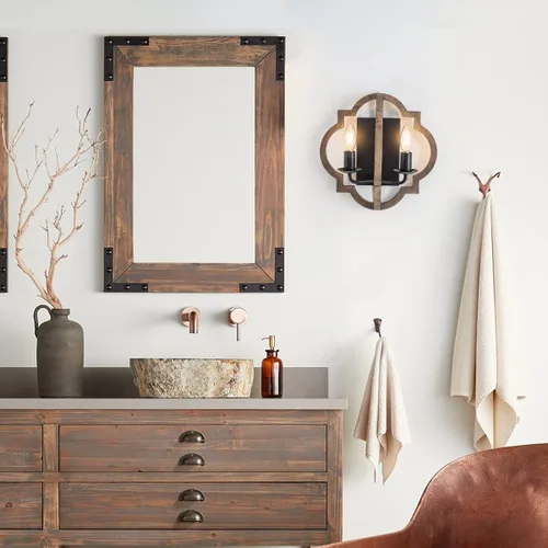 Miniatura 2 de VILUXY Apliques de pared de madera retro industrial, lámpara de pared geométrica de granja, lámparas de pared negras para dormitorio, pasillo