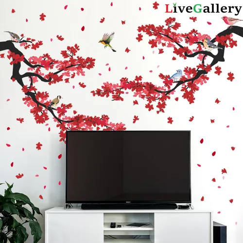 Miniatura 2 de Adhesivo decorativo para pared de ramas de ciruelo rojo 3D, diseño creativo, pájaros, estilo pastoral, extraíble, despegar y pegar, para niños