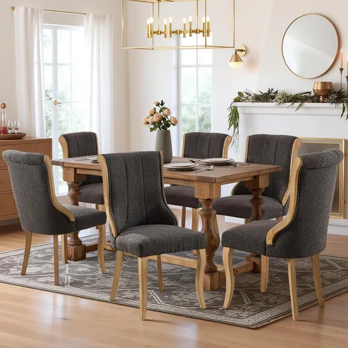 Miniatura 51 de SoarFlash Juego de 2 sillas de comedor de tela de lino, sillas de comedor tapizadas con ribete de cabeza de clavo y patas de madera de color claro
