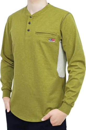 Miniatura 14 de BOCOMAL Camisas FR para verano, transpirable, diseño ventilado, 6 onzas, jaspeado, camiseta de manga larga, Henley, resistente al fuego, camisa