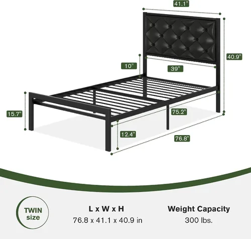 Miniatura 2 de MUTICOR Elegante marco de cama tamaño individual con cabecera tapizada de piel sintética con botones, listones de metal resistentes, almacenamiento