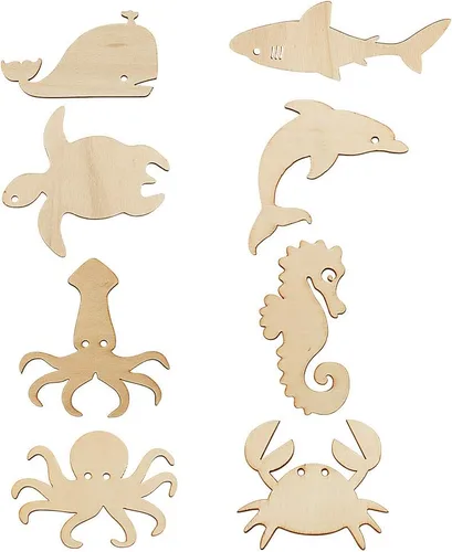 Miniatura 4 de Paquete de 48 recortes de madera sin terminar con formas de animales marinos del océano, pulpo, tiburón, ballena, delfín, tortuga, cangrejo