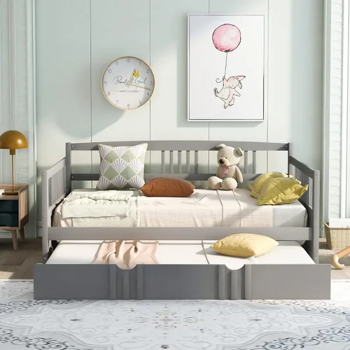 Miniatura 3 de Merax Sofá cama con cama nido, soporte de listones de madera, sofá cama moderno para sala de estar con rieles, tamaño completo, gris