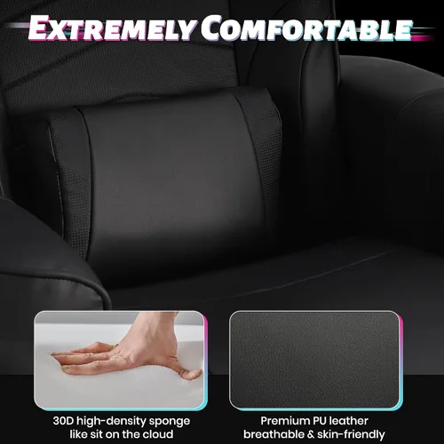 Miniatura 7 de Silla reclinable con altura ajustable, silla de juegos de PU con masaje, reposapiés largo y soporte lumbar, silla giratoria de respaldo alto