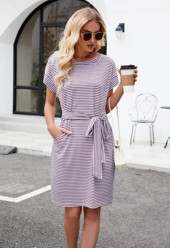 Miniatura 6 de MEROKEETY - Vestido de verano con manga corta, a rayas, casual, estilo camiseta, con lazo en la cintura y bolsillos, para mujer