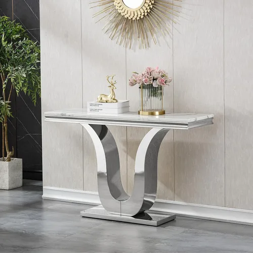Miniatura 14 de SSLine Mesa de Centro Rectangular de Mármol Sintético para Sala de Estar, Mesa Central Moderna de Mármol Blanco de Lujo con Base Doble en Forma de U
