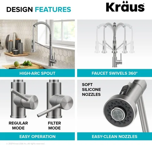 Miniatura 13 de Kraus Bolden 2-en-1 Grifo de cocina de estilo comercial con filtro de agua monomando extraíble para ósmosis inversa o sistema de filtración de agua