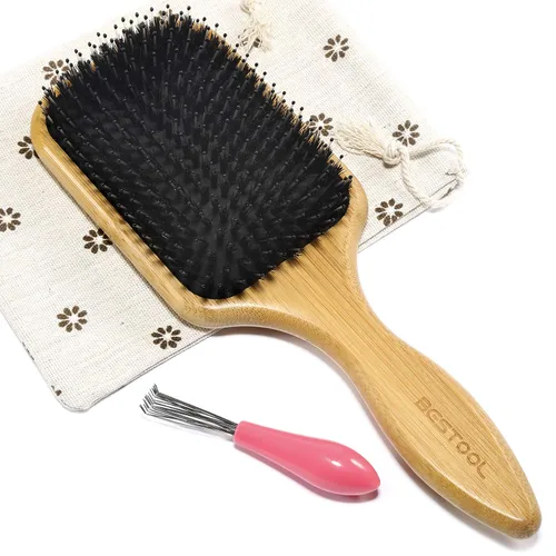 BESTOOL Cepillo de pelo de jabalí y cerdas de nailon para todos (mujeres, hombres, niños) para cabello húmedo y seco, masaje desenredante, mejora el